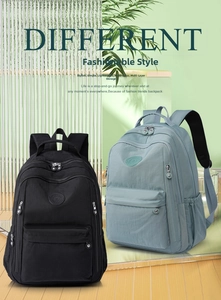 Detail view of stylish multi-pocket nylon backpacks in black and light blue color options