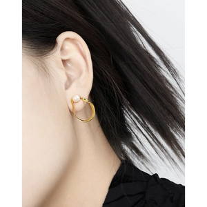 Elegant gold hollow oval S925 sterling silver stud earrings with white pearl inlay