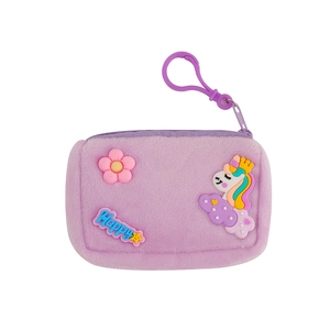 Detail of purple plush unicorn coin purse with plastic hook and Happy silicone charm