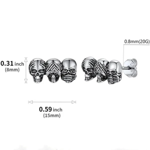 Detailed dimensions of S925 silver triple skull earrings with gothic retro design