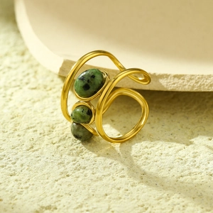 Minimalist gold titanium steel multi-row ring with green malachite stone inlays
