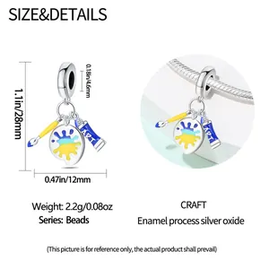 Detailed size chart for the colorful palette and paintbrush enamel pendant bead