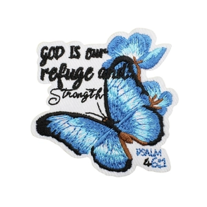 Blue butterfly embroidery patch with God Is Our Refuge religious bible verse text