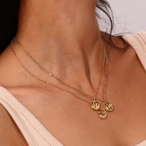 Three-layer 18K gold plated stainless steel necklace with circular city landscape charms