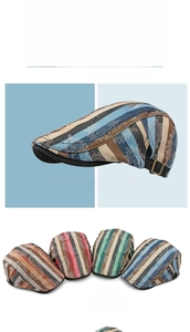 Detail of striped cotton beret showing metal adjustment buckle and jacquard pattern