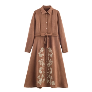 Elegant Faux Suede Maxi Shirt Dress With Floral Embroidery And Waist Tie Bow Long Sleeve Lapel Collar For Women