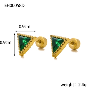 Elegant geometric gold triangle earrings with green zircon and micro-pave bead details