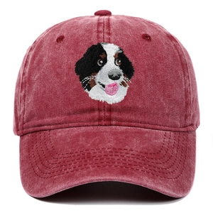 Détail de la broderie Bouvier Bernois sur une casquette de baseball en coton bordeaux délavé