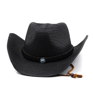Detail of black straw cowboy hat featuring blue turquoise concho and braided chin strap