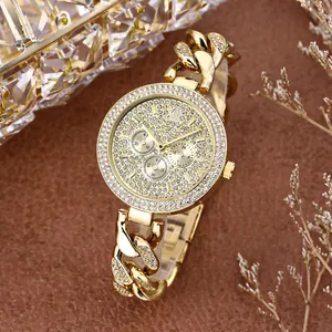 Luxurious gold iced-out quartz watch with Cuban chain strap and crystal dial for men