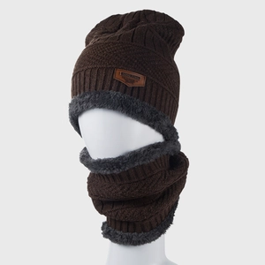 Winter thermal knit beanie and neck warmer set with thick fleece lining in dark coffee brown