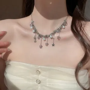 Collier papillon argenté avec étoile, perle et pendentif papillon violet pour femme