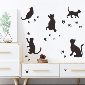 Black cat silhouettes and paw prints wall stickers set for living room decoration