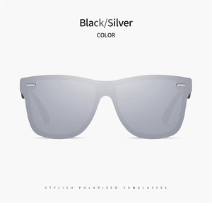 Front view of stylish black frame polarized sunglasses with reflective silver lenses