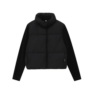 Women's black varsity jacket with stand collar and quilted splicing details on white background