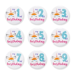 Set of 9 unicorn birthday badges with numbers 1 to 9 in pink and blue tinplate