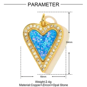 Technical dimensions of blue opal heart charm pendant with copper and zircon details
