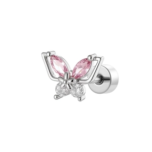 Silver butterfly cartilage piercing stud with pink marquise zircon and clear round stones
