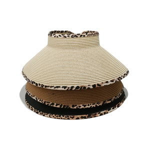Foldable straw sun visors in beige, brown, and black with stylish leopard print trim edge