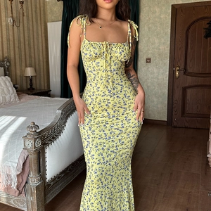Summer yellow floral spaghetti strap maxi dress with front tie design and slim fit cut