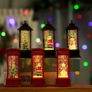 Lighted vintage Christmas lanterns and phone booths with Santa and snowman scenes