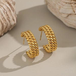 Classic gold triple twisted rope hoop earrings with minimalist C-shape metal design
