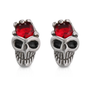 Skull stud earrings in titanium steel with red crystals and gothic punk aesthetic