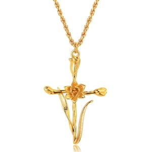 Detail of gold flower cross pendant necklace with intricate floral buds on twist chain