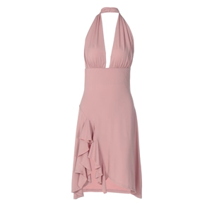 Detail of dusty pink halter neck dress featuring asymmetric ruffle hem and bodycon waist