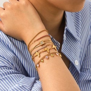 Gold-plated multi-layer butterfly and heart charm bracelet set with pink zircon accents