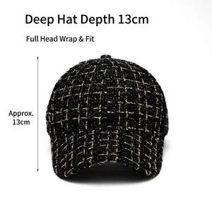 Casquette baseball en tweed noir et doré pour femme avec couronne profonde de 13cm