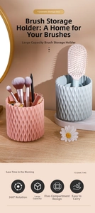 Detailed view of pink and blue 360-degree rotating makeup brush organizer with five slots