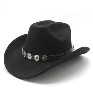 Classic black wool felt cowboy hat with ethnic silver metal stud band and turquoise