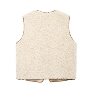 Close-up of cream fleece vest back view with brown contrast trim and soft texture
