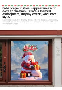 Close-up of Santa Claus window sticker with gift box for Christmas shop window decor