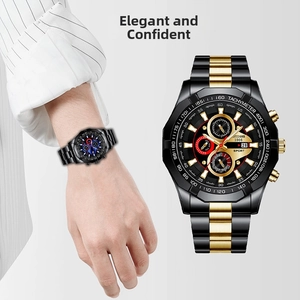 Detail view of OTIONR black and gold stainless steel chronograph watch with date display