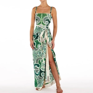 Maillot de bain une pièce à imprimé ethnique vert et blanc avec fines bretelles et fente
