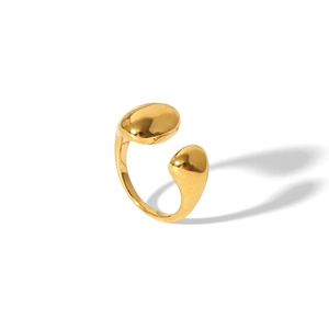 Detailed view of irregular mirror polished gold open ring with teardrop pebble design