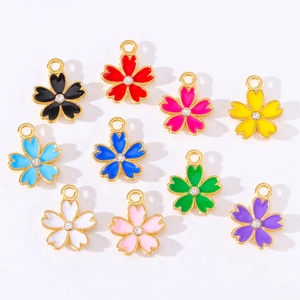 Set of 10 colorful enamel cherry blossom pendants with rhinestones for DIY jewelry