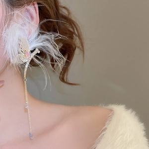 Close-up of elegant feather and butterfly earrings with crystal tassel on a model