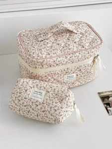 Detail of floral corduroy makeup bag set showing quilted texture and fabric labels