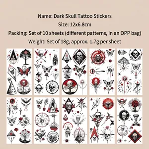 Detailed sheet showing 10 dark skull tattoo designs with Gothic elements and 12x6.8cm size
