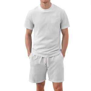 Men's light grey waffle knit t-shirt and shorts set with chest pocket and drawstring