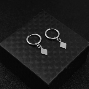 Minimalist silver stainless steel hoop earrings with hanging diamond square drop pendants