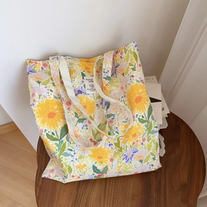 Sac Cabas En Toile De Coton À Fleurs Françaises Grande Capacité Imprimé Ours Fille Mignon Sac À Main Épaule Décontracté Femmes
