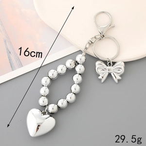 Silver beaded heart and bow charm keychain, 16cm length and 29.5g weight accessory