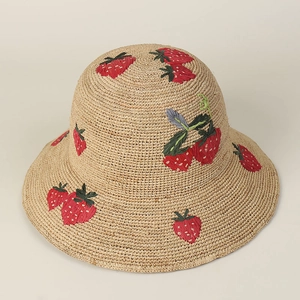 Japanese Kawaii Strawberry Embroidery Raffia Straw Bucket Hat For Women Summer Sun Protection Foldable Handmade Crochet Basin Hat
