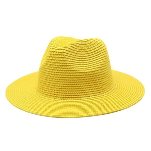 Classic bright yellow straw fedora hat featuring a stylish weave and wide brim for sun protection
