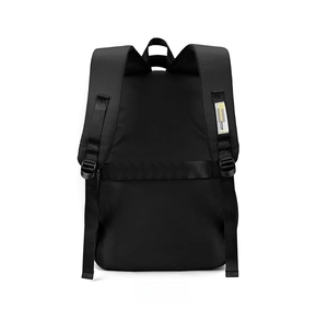 Back view of a minimalist black casual backpack with padded straps for students.