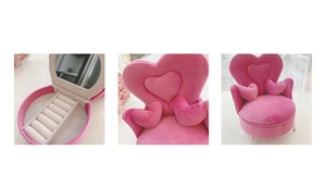Pink heart-shaped velvet jewelry box in sofa style with mirror and ring slots